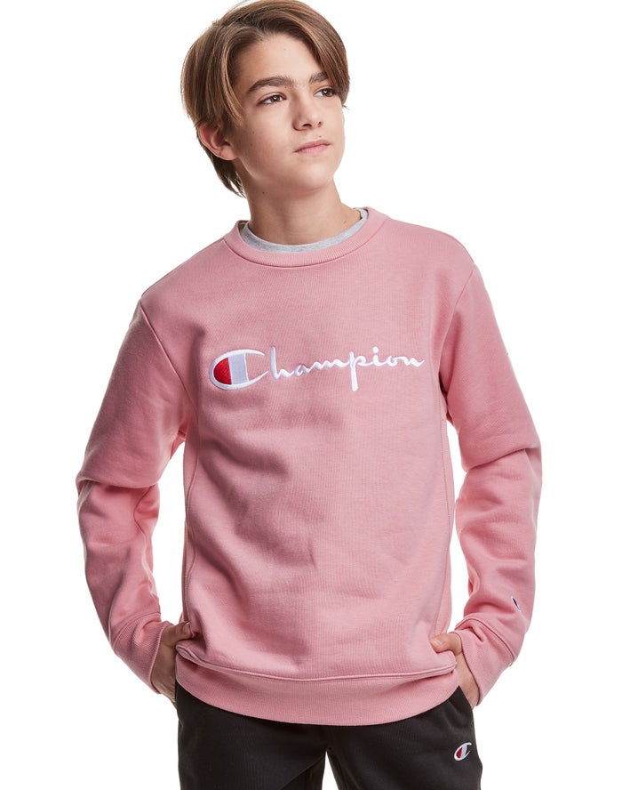 Champion Drenge Sweatshirt Koral - Reverse Weave Fleece Crew Embroidered Logo - Danmark GIO-423961